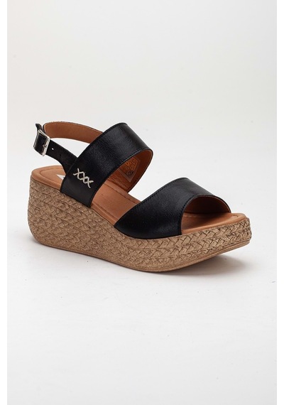 Analin Shoes Kadın Hakiki Deri Bantlı Dolgu Topuk Sandalet Siyah
