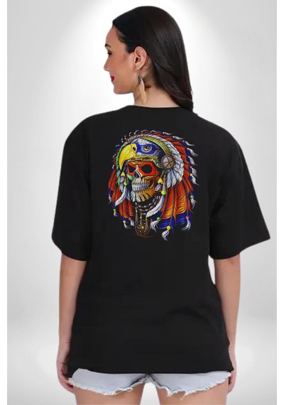 Kızıl Derili Kuru Kafa Düş Kapanı Pamuklu Unisex Oversize Sırt Dijital Baskılı Siyah T-shirt Siyah