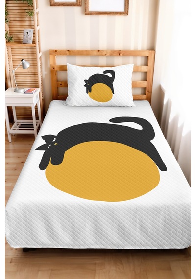 Minimal Kedi Sarı Genç Odası Tek Kişilik Pike Takımı-siyah Modern 160x220cm Kapitone Yatak Örtüsü Kabuğu Kahve Dokunuşu