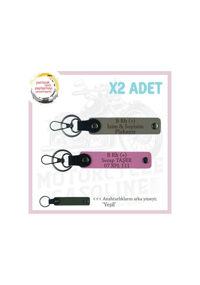 Motorcu Yolculara Özel, İsim Plaka Ve B Rh + Kan Grubu Yazılı X2 Anahtarlık, Kül Gri-pembe-ysl