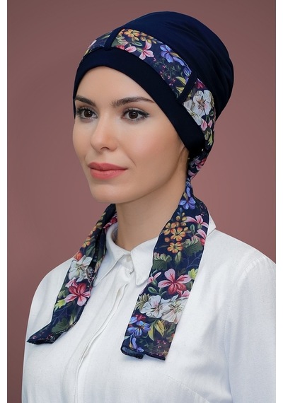 Hürrem Bone Lacivert Pratik Hazır Geçmeli Tesettür Bone Sandy Kumaş Desenli Ş (545490920) Lacivert