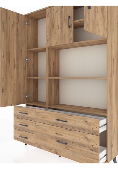 Arges Dolap 7 Raflı 5 Çekmeceli 3 Kapaklı 132x30x195 Çam-çam/çam Çam