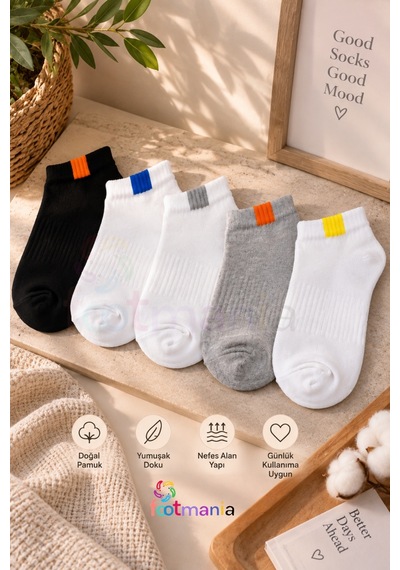Footmania 5 Çift Kadın Yazlık Spor Patik Çorap Seti Beyaz