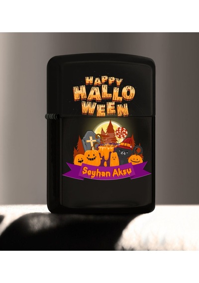 Kişiye Özel Happy Halloween Tasarımlı Renkli Baskılı Siyah Benzin (514255533)