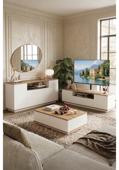 Yurudesign Future Tv Ünitesi Orta Sehpa Konsol 3'Lü Set Çam-Beyaz FR18-AW