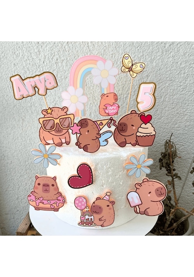 Kapibara Capybara Temalı Kız Çocuk Doğum Günü İsme Özel 3d Çubuklu Pasta Süsü Seti Çocuk