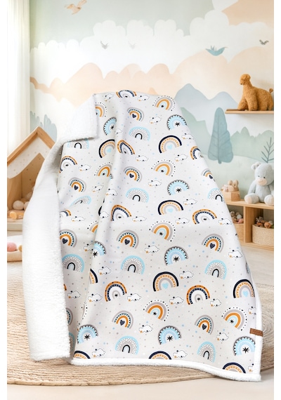 Fluffy Bebek Battaniyesi 80x100 Cm Gök Mavi Kundak Puset Çift Taraflı Koyun Tüyü Battaniye