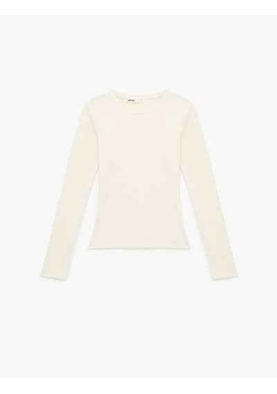 Koton Slim Fit Pamuklu Uzun Kollu Bisiklet Yaka Tişört Ekru 6sak50269ek Ekru