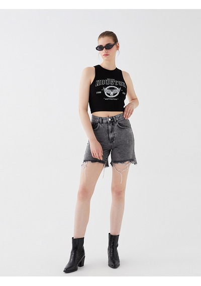 Lcw Jeans Siyah Bermuda Fit Yırtık Detaylı Kadın Jean Şort