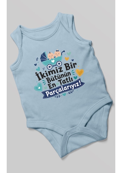 Morivokids İkimiz Bir Bütünün Yazılı Sıfır Kollu Bebek Zıbını %100 Pamuk Bebe Mavisi