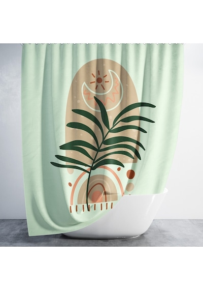 Banyo Duş Perdesi Palmiye Desen Yeşil Dijital Baskılı Banyo Perdesi, Tek Kanat C Halkalı-180x200 Cm Çok Renkli