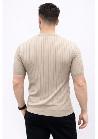 Defymoda Erkek Kısa Kol Fitilli Triko T-shirt Yazlık Hakim Yaka Tişört - Bej