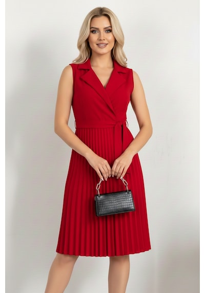 Defymoda Kadın Plise Detaylı Kuşaklı Modern Elbise Kırmızı