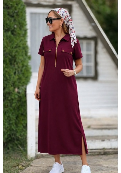 Buğrahayalin Kadın Kısa Kollu Yakalı Fermuarlı Uzun Viskon Iki Iplik Elbise Bordo Buğrahayalin Kadın Kısa Kollu Yakalı Fermuarlı Uzun Viskon Iki Iplik Elbise Bordo