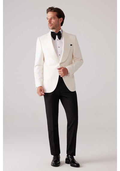 Ysf Erkek Krem Slim Fit Sabit Şal Yaka Damatlık