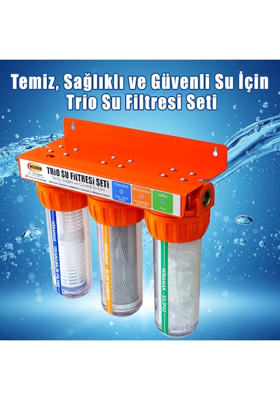 Trio 3'lü Daire Girişi Su Filtresi Metal Şaseli