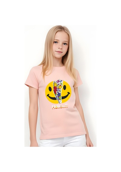 Panios Kids Emoji Baskılı Kız Çocuk Kısa Kollu T-shirt Somon