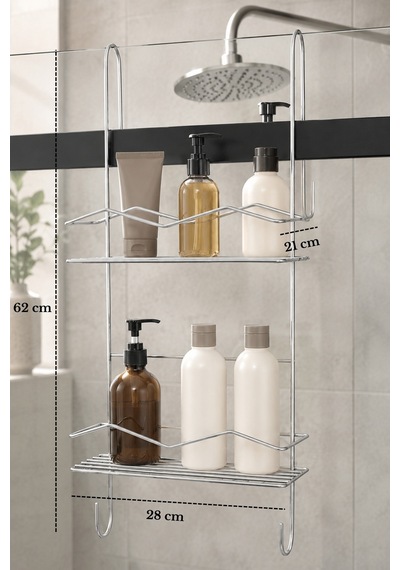 Parlak Silver Duşakabin Askılı 2 Katlı Banyo Rafı Şampuanlık Düzenleyici Metal Askılık