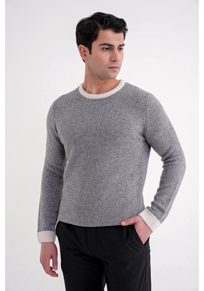 Slim Fit Renkli Ribanalı Ekru Gri Yünlü Bisiklet Yaka Triko Kazak Tr 890 Ekru-gri