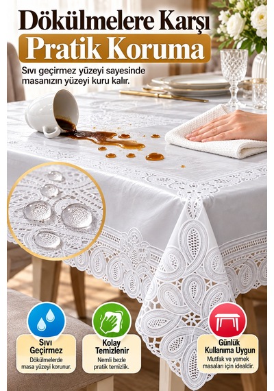 Beyaz 120x152 Cm Dantel Görünümlü Pvc Masa Örtüsü Sıvı Geçirmez Silinebilir Mutfak Masa Örtüsü Lüks