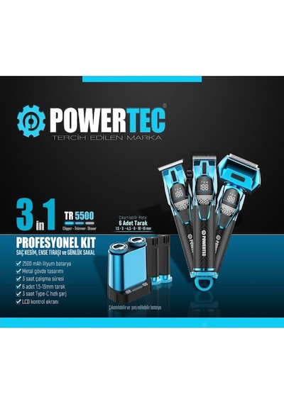 Powertec TR-5500 3in1 Profesyonel Bakım Kiti Saç Sakal Ense Vücut Günlük Tıraş Makinesi Seti 3 - 4 Saat Mavi - Siyah