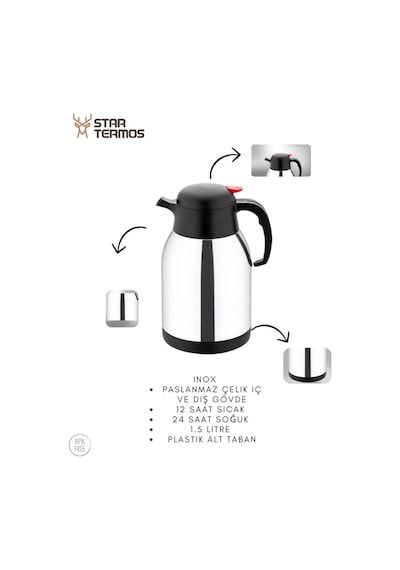 Star Termos 1 .5 Litre Çift Kat Paslanmaz Çelik Termos Piknik Kamp Outdoor Ofis Otel Kafe Okul Sth-6155 Siyah