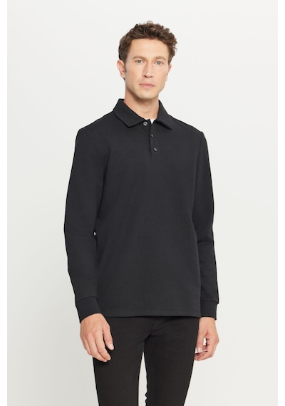 AC&Co / Altınyıldız Classics Erkek Sıyah 2 İplik Pamuklu Standart Fit Normal Kesim Polo Yaka Sweatshirt Siyah