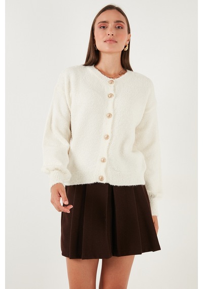 Lela Premium Regular Fit Bisiklet Yaka Yumuşak Dokulu Bayan Hırka 680Hi00147 Ekru