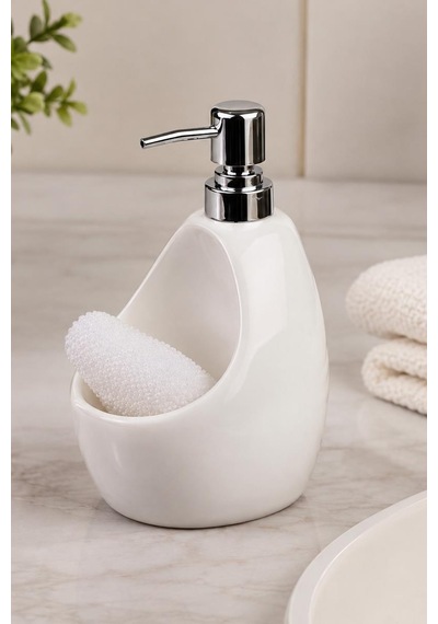 Porselen Sıvı Sabunluk 500 Ml Sünger Hazneli Krom Pompalı Şık Mutfak Ve Banyo Sabunluk Beyaz