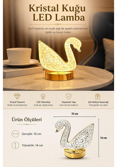 Kristal Led Masa Lambası 3 Renk Işıklı Kuğu Kristal Diğer
