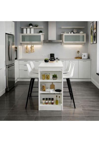 Solo Modern Ada Mutfak Masası Raflı Yemek Masası - Beyaz Beyaz