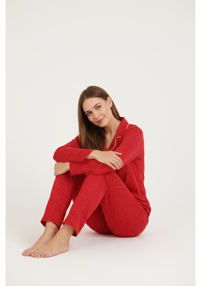 Bravie Luxury Viscose Kırmızı Puantiye Desenli Kadın Uzun Kollu Büyük Beden Pijama Takımı 42517 Bordo