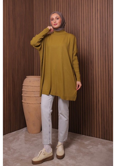 Balenbi Kadın Dik Yaka Basic 80cm Salaş Oversize Triko Tunik 1145 Hardal