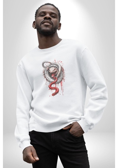 Beyaz Ve Kırmızı Yılan Unisex Beyaz Baskılı Sweatshirt Beyaz