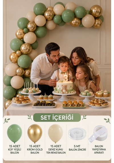 Küf Yeşili 15 Krom Gold 15 Deniz Kumu Pastel Ten Rengi Doğum Günü Ve Nişan Balon Zinciri Set