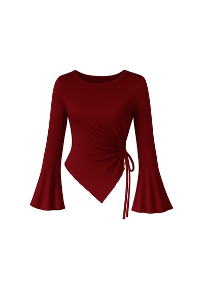 Wild Flower Bordo Yuvarlak Yaka Drape Detaylı İspanyol Kol Tesettür Uyumlu Üst Bluz Bordo