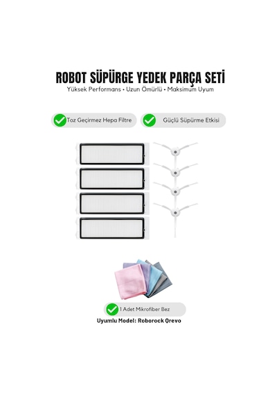 Roborock Qrevo İle Uyumlu 4 Beyaz Yan Fırça 4 Filtre 1 Temizlik Bezi 10.0