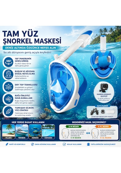 Tam Yüz Şnorkel Maske Panoramik Görüş Dry Top Sistem Dalış & Deniz Maskesi Anti-fog Su Geçirmez Snorkel Seti Açık Mavi
