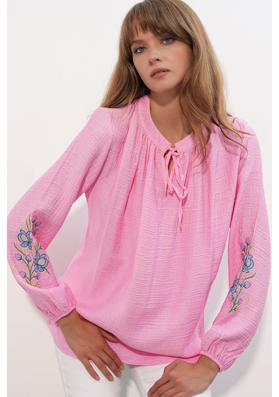 Hiccup Bdart Nakışlı Oversize Krep Bluz Parlak Pembe