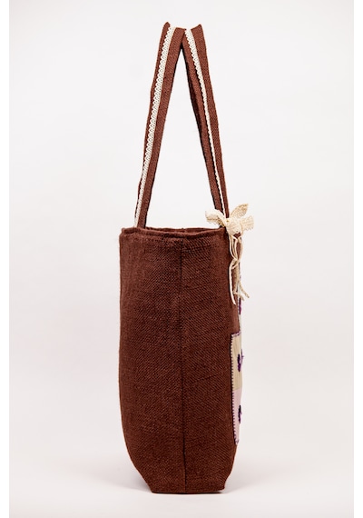 Fabric Craft Bag Kadın Omuz Çantası Jüt Kumaş Astarlı İç Cepli Aplikeli Kahverengi 43x40 Cm