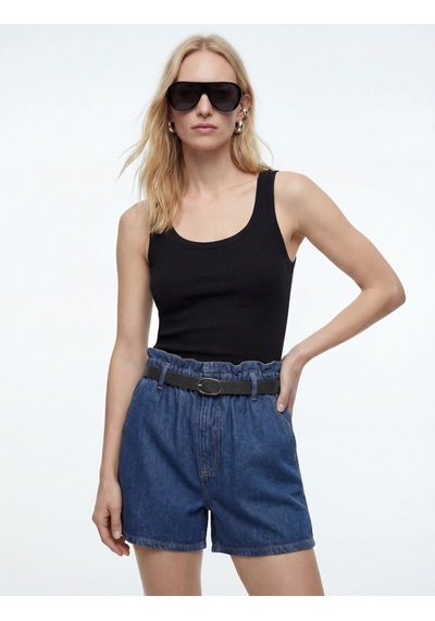 Koton Yüksek Bel Cepli Pamuklu Kemerli Denim Şort Koyu İndigo 6sal40038md