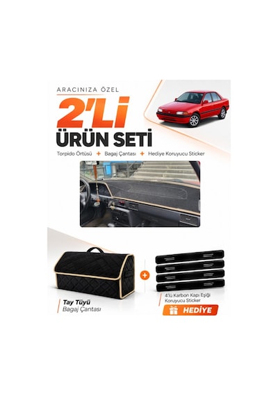 E-biz Mazda 323 Sedan 1991-1995 Uyumlu Torpido Örtüsü + Tay Tüyü Bagaj Çantası - Siyah-bej - Ma006
