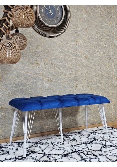 Zafir Metal Beyaz Tel Ayaklı 100 Cm Puf Bench - Puf - Bench - Oturak - Mutfak Oturağı - Antre Oturağı Mavi