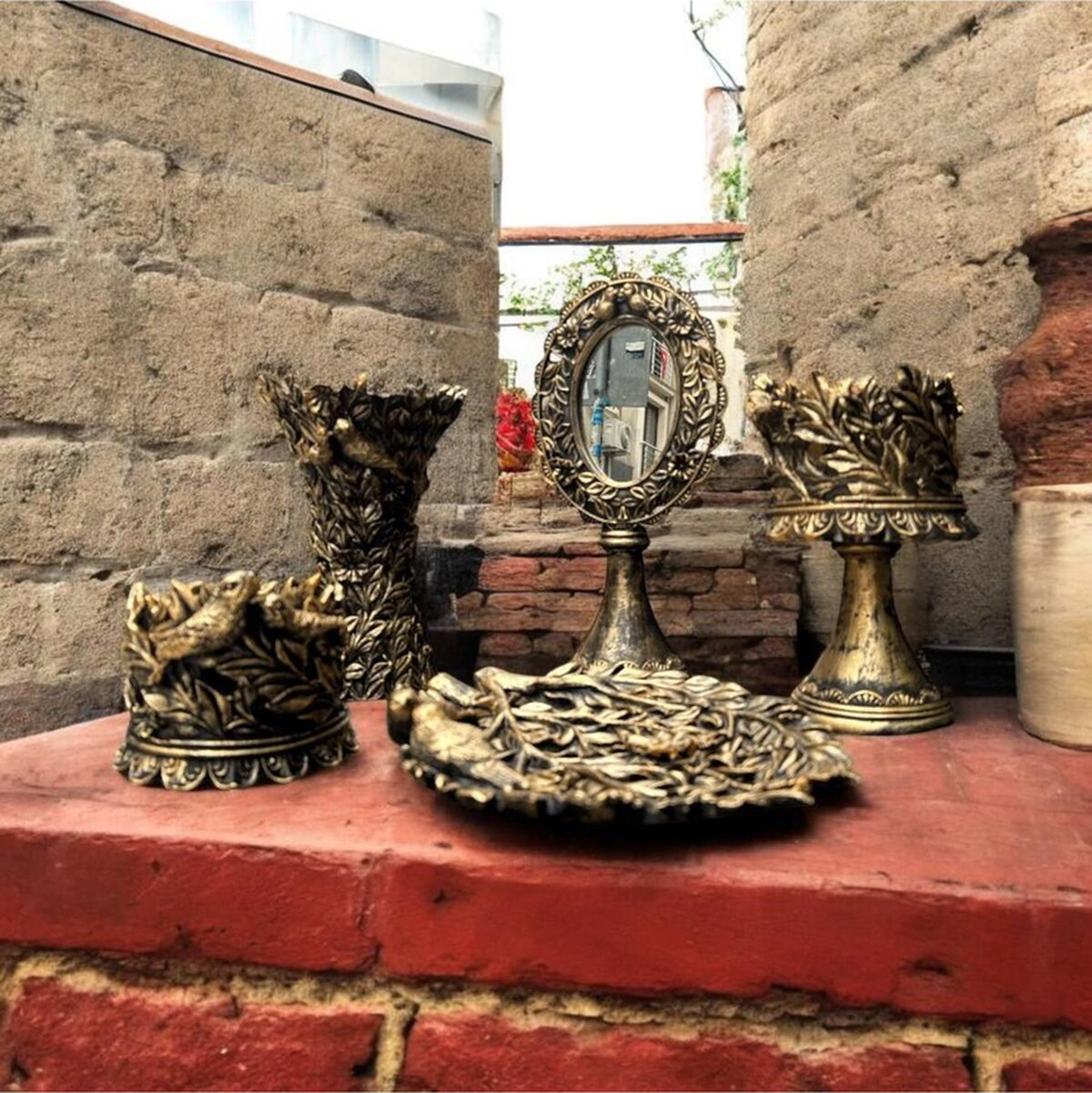 Dekoratif Polyester Kuşlu Beşli Salon Konsol Seti Gold Eskitme
