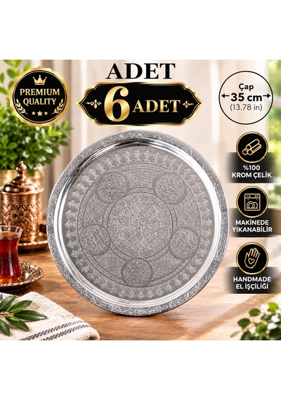 6 Lı 35 Cm Nakışlı Krom Çelik Tepsi Seti 430 Kalite Özel Motifli Servis Tepsisi Makinede Yıkanabilir Gümüş