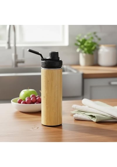 450 Ml Bambu Kaplama Tabanlı Mat Siyah Çelik Termos - Sıcak Ve Soğuk Tutucu Sızdırmaz Seyahat Bardağı Mug Açık Beyaz