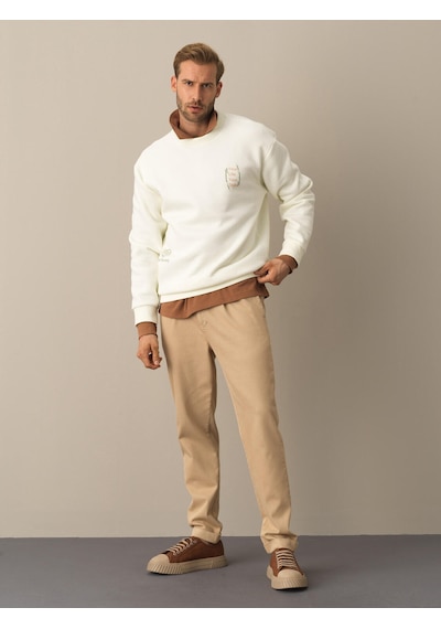 Xint Ekru Oversize Bisiklet Yaka Pamuklu Sweatshirt 300281