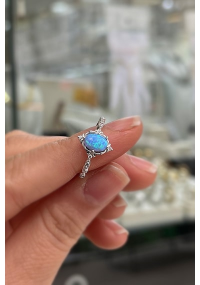 925 Ayar Gümüş Oval Mavi Opal Taşlı Vintage Yüzük Gümüş