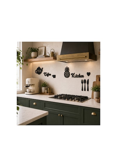Arliadesign 9 Parça Dekoratif Mutfak Duvar Süsü 60 30 Cm Siyah Mdf Coffee Kitchen Çaydanlık Çatal Kaşık Seti