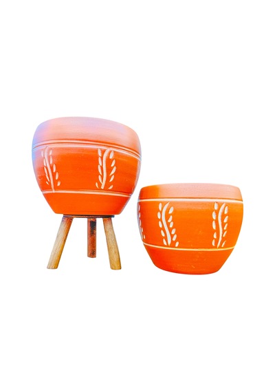 BİTKİ TASARIMI EV DEKORASYON NAKIŞ DESENLİ TERRAKOTA TOPRAK SAKSI SAKSILIK SALON ÇİÇEKLİK İKİLİ SET AYAKSIZ - 3 AYAKLI- 15 CM